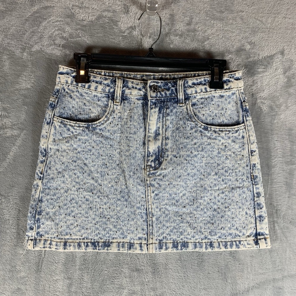 Steve Madden Women's Skirt Jean Denim Rhinestones Mini‎ Acid Wash 90s 2